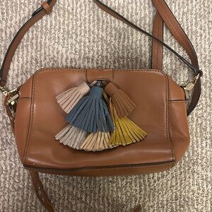 Rebecca Minkoff Mini Sofia leather crossbody bag in tan w/ multi-colored tassel